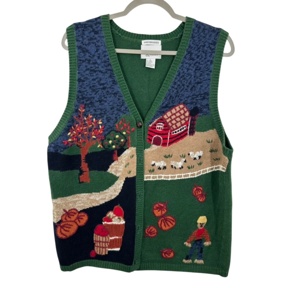 Christopher & Banks Vintage Hand Embroidered Fall Harvest Barn Farm Sweater Vest